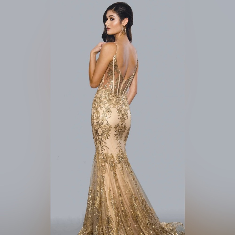PromGirl Gold Corset-Bodice Sparkly Long Mermaid Prom Dress